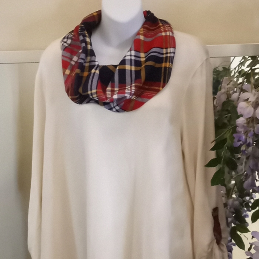 Ali Miles Cowl Neck Tunic with Plaid Trim